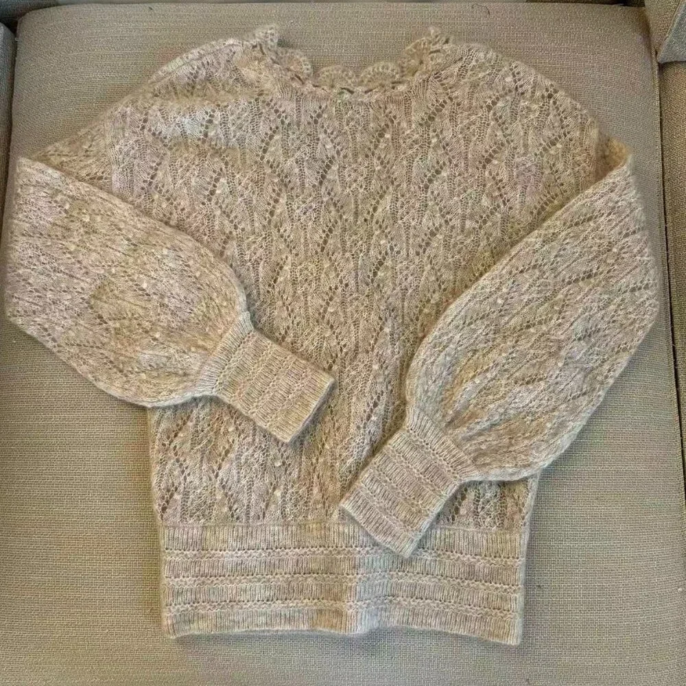 BEST Sezane Nathalia Jumper Small Mottled Beige Sweater V-Neck Wool French Causa_6